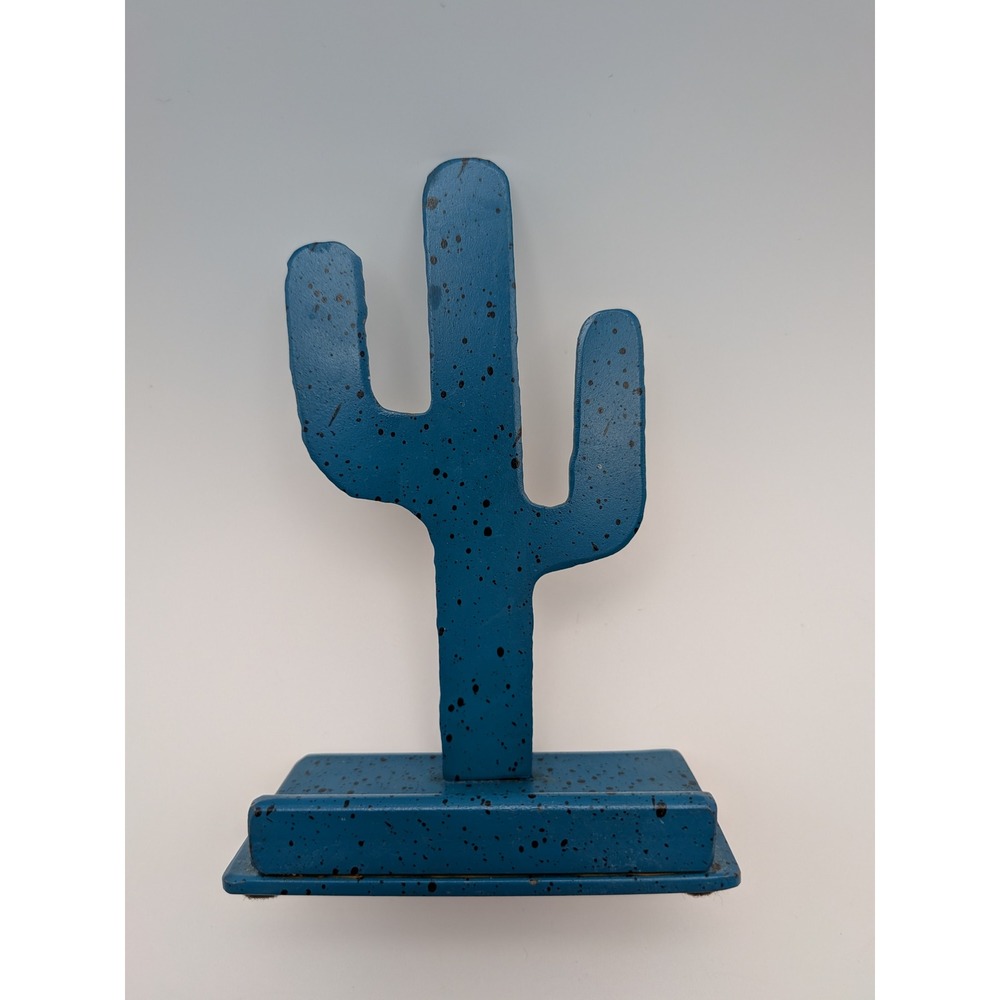 Vintage 1990s Signed Brutalist Blue Speckled Metal Cactus Card Holder Sculpture